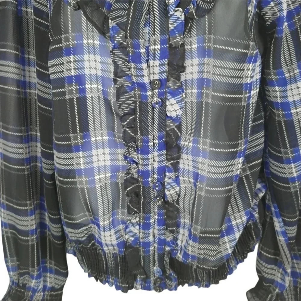 Vero Moda Plaid Sheer Blouse Ruffles Size Small - Picture 4 of 8
